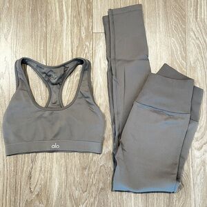 Alo Yoga Ribbed Gray Sports Bra and Legging Set